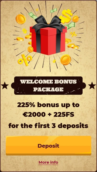 Welcome bonus package 225% up to €2000 plus 225 free spins promo card