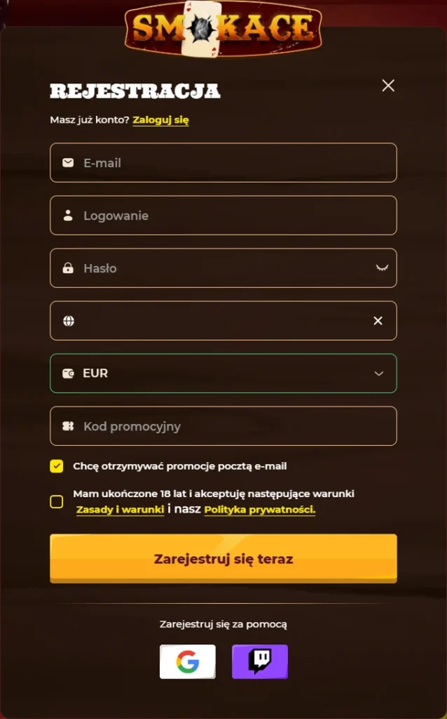 Formularz rejestracji Smokace z polami e-mail, login, hasło i kodem promocyjnym