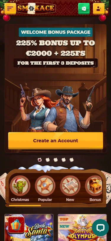 Smokace welcome bonus 225% up to €2000 mobile screen with cowboy characters