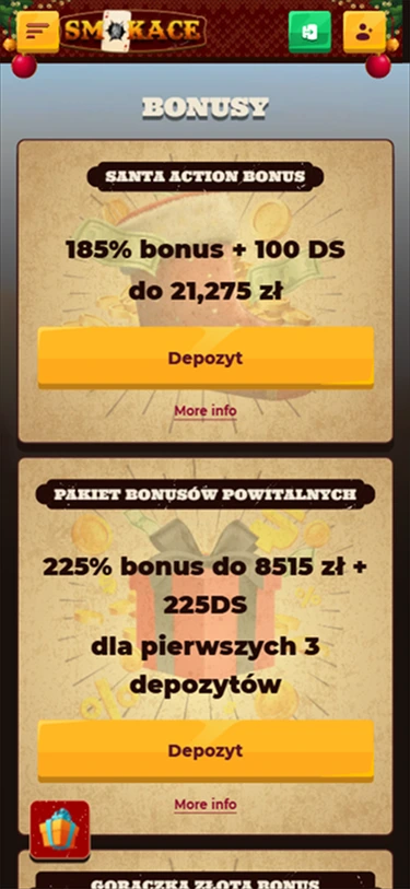 Ekran bonusów Smokace z Santa Action Bonus i pakietem bonusów powitalnych