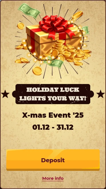 SmokAce Casino X-mas Event '25 banner with gift box, coins, and cash