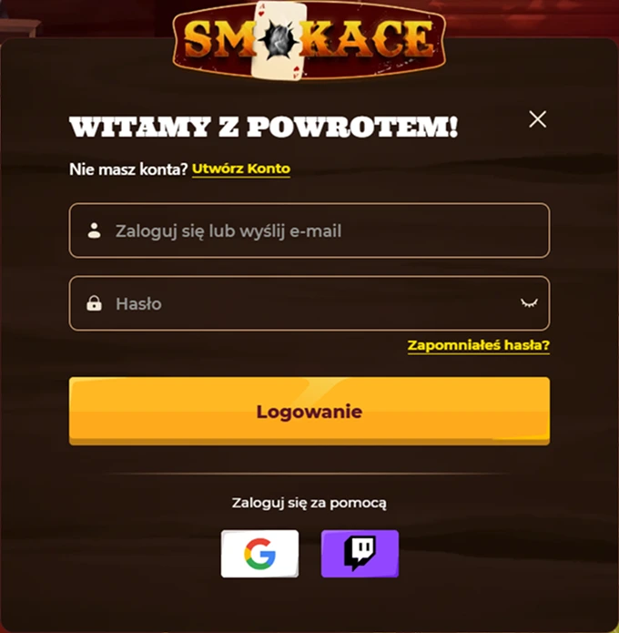 SmokAce Casino logowanie z opcjami logowania przez e-mail, Google i Twitch