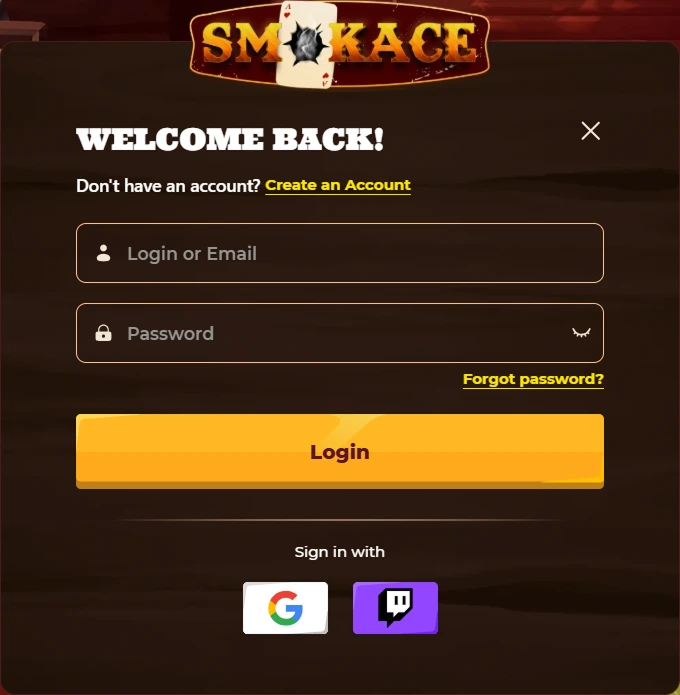 SmokAce Casino login screen with email and password fields