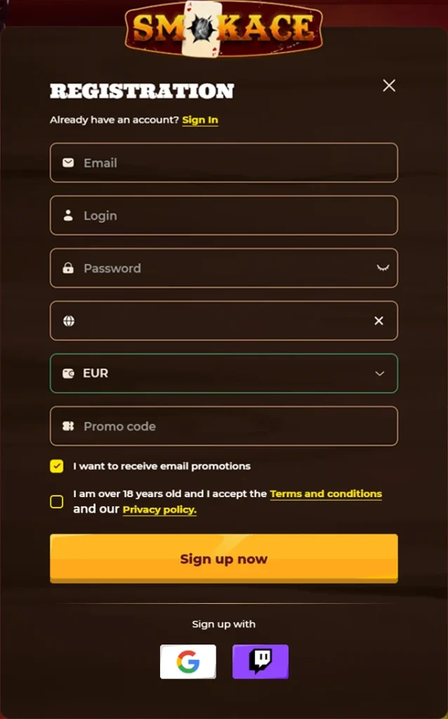 SmokAce Casino registration form with email, password, and currency fields