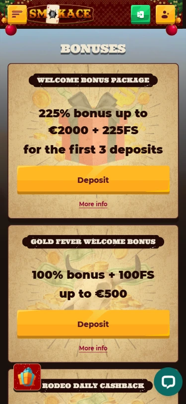 SmokAce Casino welcome bonus package: 225% up to €2000 + 25FS
