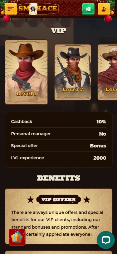 SmokAce Casino VIP levels with cowboy illustrations and benefits