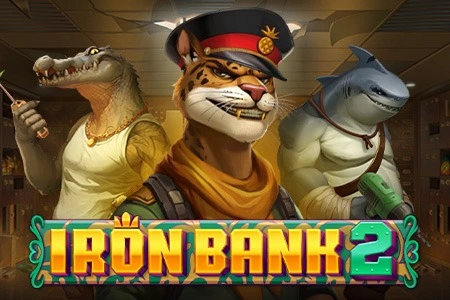 Iron Bank 2 slot game with a crocodile, leopard, and shark